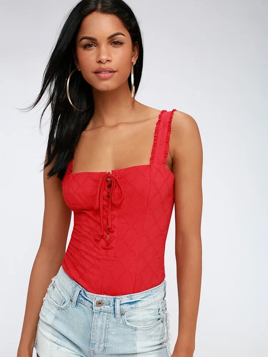 Free People Tops - Free People Make Me Up Red Eyelet Bodysuit